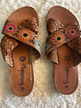 Mexican Sandals Brown Leather Slide Sandals with Embroidered Floral Detail